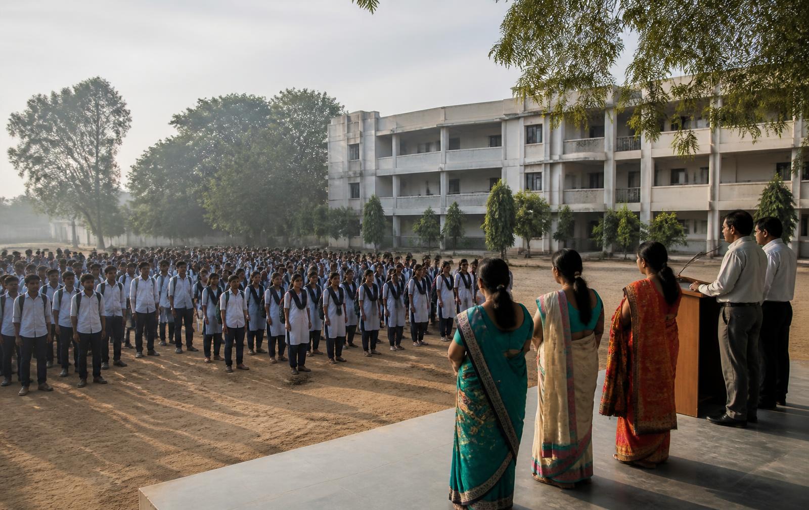Students at the morning assembly on the college ground