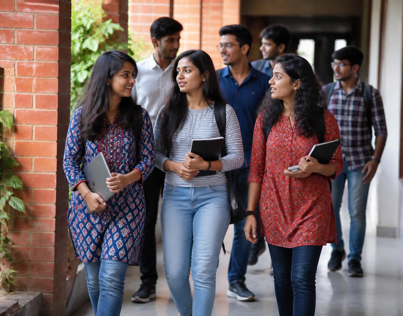 Degree college students walking through the campus corridor