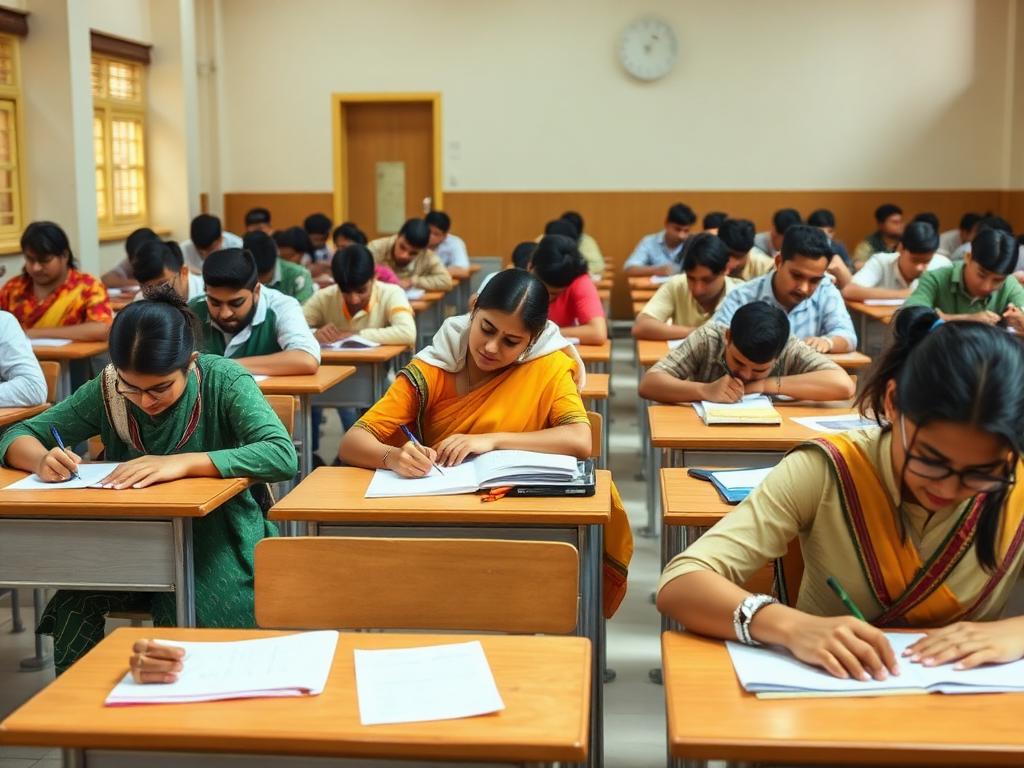 Students writing a weekly test in the examination hall