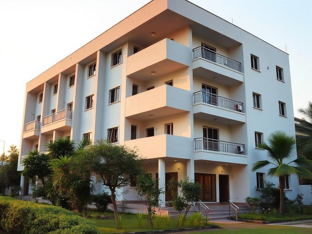 Geetanjali hostel building with balconies and garden