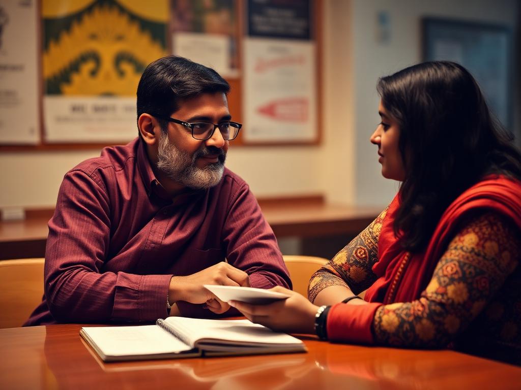 Faculty mentor guiding a student one-on-one with her notebook