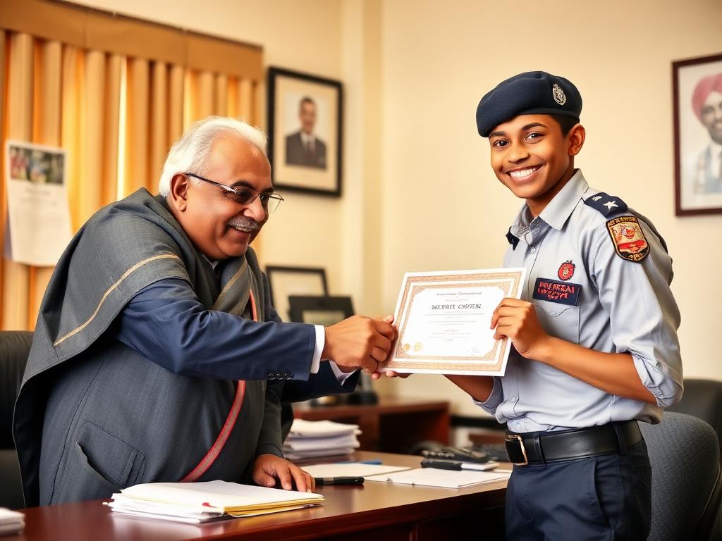 Principal handing a merit scholarship certificate to a student